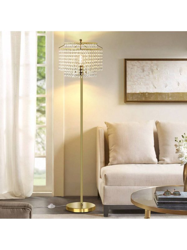 Crystal Floor Lamp, Elegant Standing Lamp With On-Off Foot Switch, Double-Layer Lampshade, Tall Standing Lamps For Living Room, Bedroom, Office, Room Decor,8W LED Bulb Included Gold