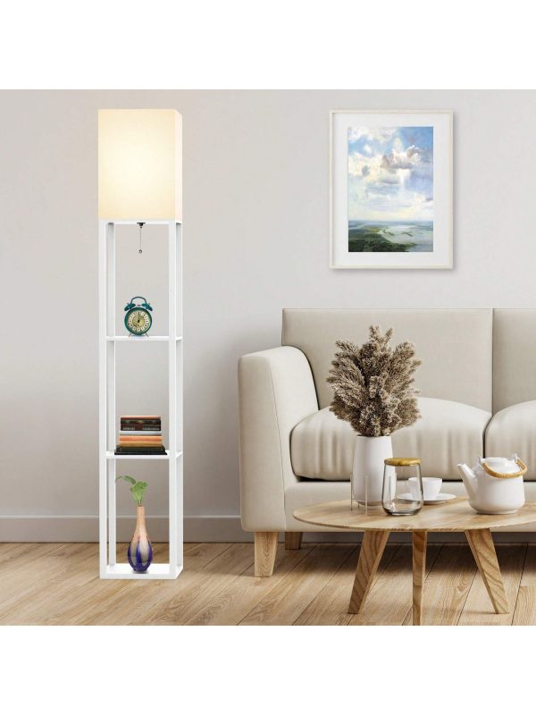Column Floor Lamp With Shelves, Real Solid Wood And Bulb Included White